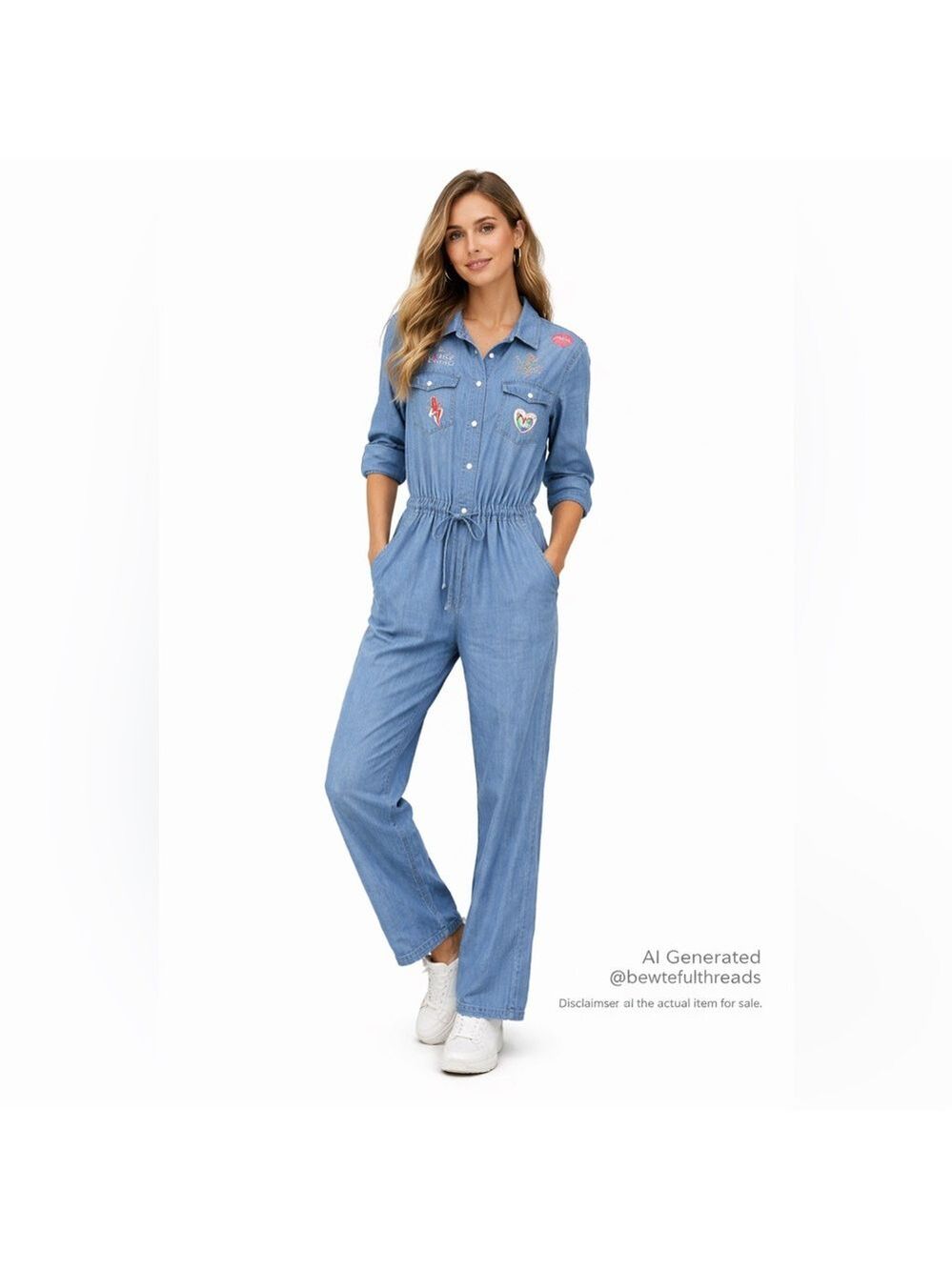 NAF NAF Size 36 (Fits XS–S) Blue Chambray Pearl Snap Jumpsuit Art